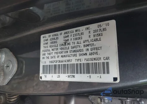 2010 Honda Accord 2.4 Lx из США, поврежденный, VIN 1HGCP2F36AA143957